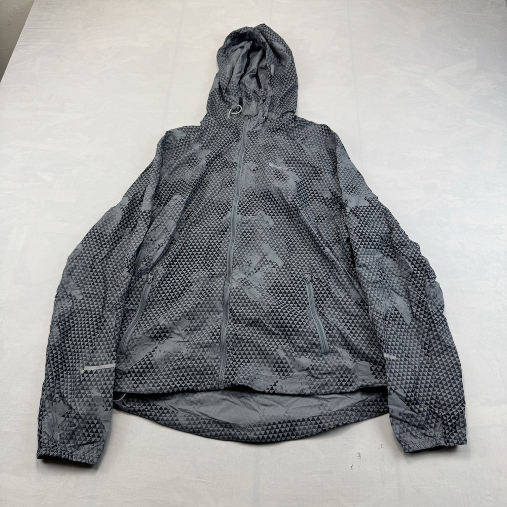Nike Running Womens M Gray Black Geometric Print Hooded Windbreaker Jacket